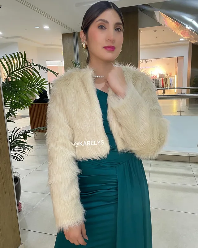 Abrigo corto beige oro fiesta gala — miniatura 2